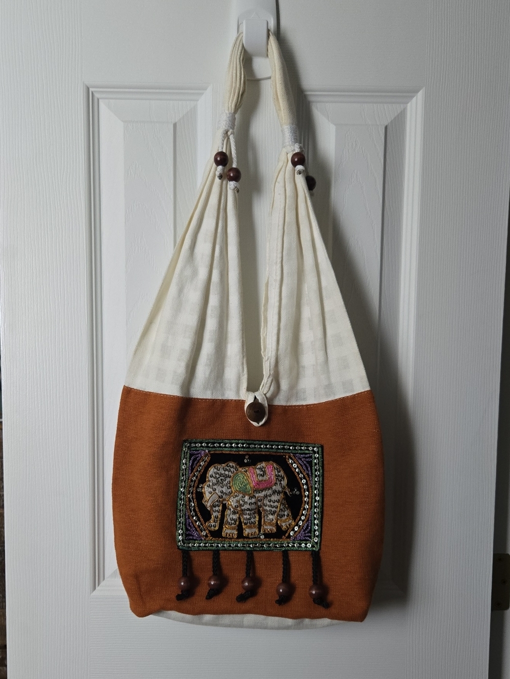Bohemian Ivory and Rust Embroidered Elephant Tote Bag